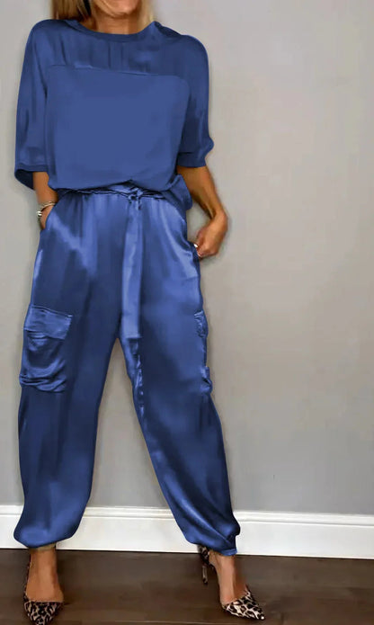 Satijnen dames set met losse top en cargo broek – LIA SHINE - Glamorix