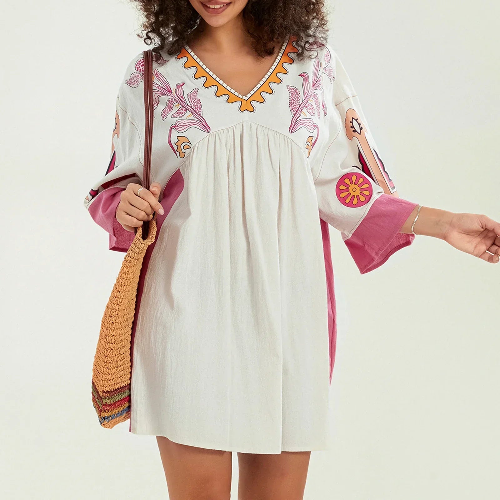 Dames tuniekjurk met V-hals en geborduurde details – ISLA BOHO - Glamorix