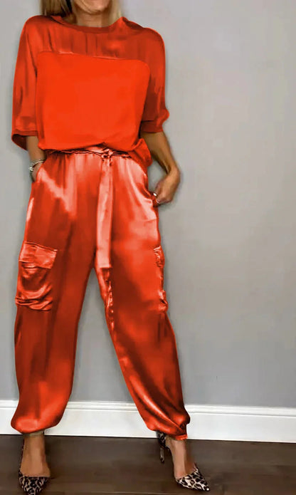 Satijnen dames set met losse top en cargo broek – LIA SHINE - Glamorix