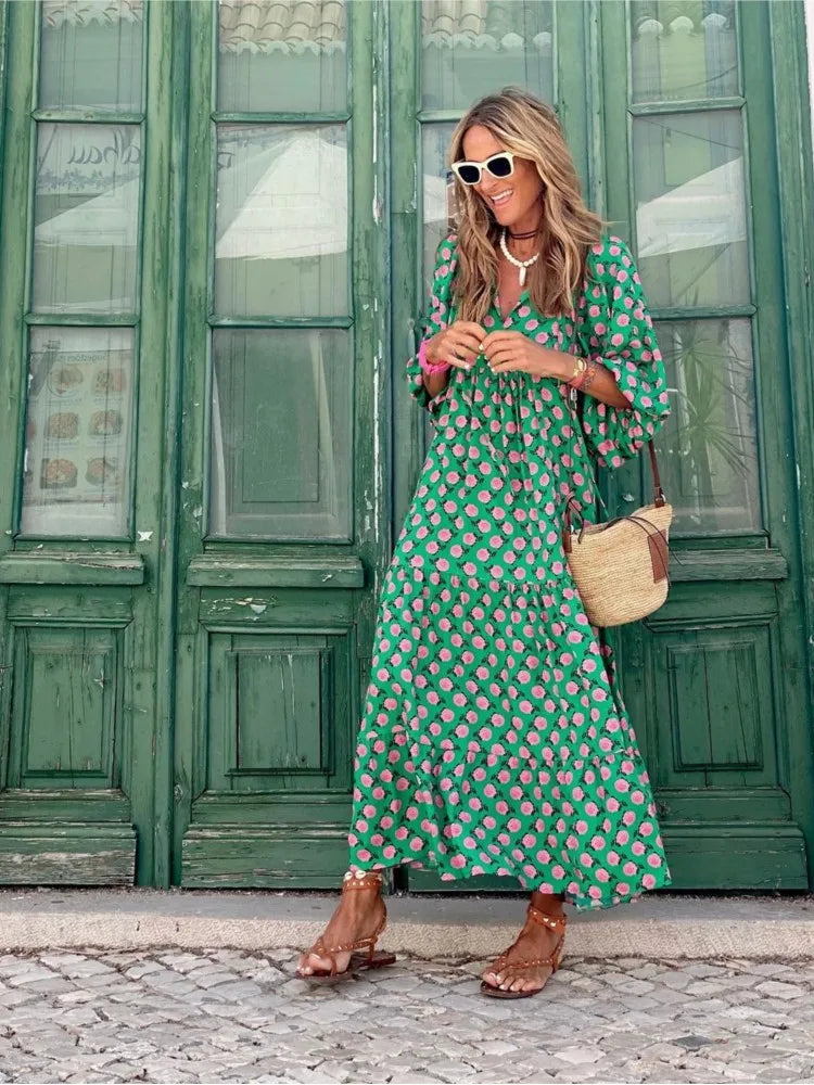 Luchtige maxi zomerjurk met diepe V-hals – AliraBreeze - Glamorix