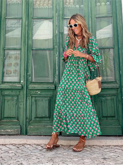 Luchtige maxi zomerjurk met diepe V-hals – AliraBreeze - Glamorix