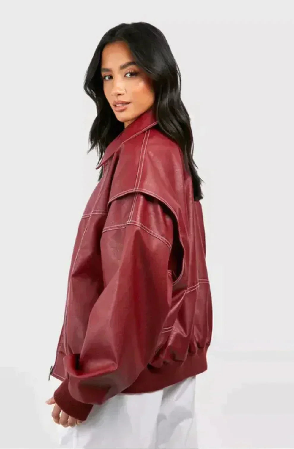 AGNES - Chaqueta bomber de cuero oversize con costuras contrastantes para mujeres - Glamorix