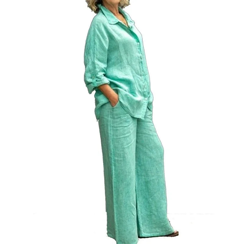 Luchtig damespak met doorknoopblouse en wijde broek – LYNA SET - Glamorix