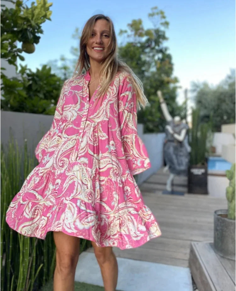 Vrouwen - Korte Zomerjurk - Losvallend Silhouet - Speelse Print - Zomergeluk - Glamorix