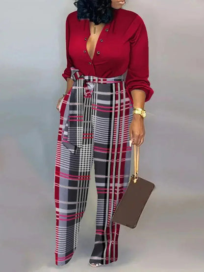 Elegante wijde damesjumpsuit met diepe V-hals en strikceintuur – SENA FLOW - Glamorix