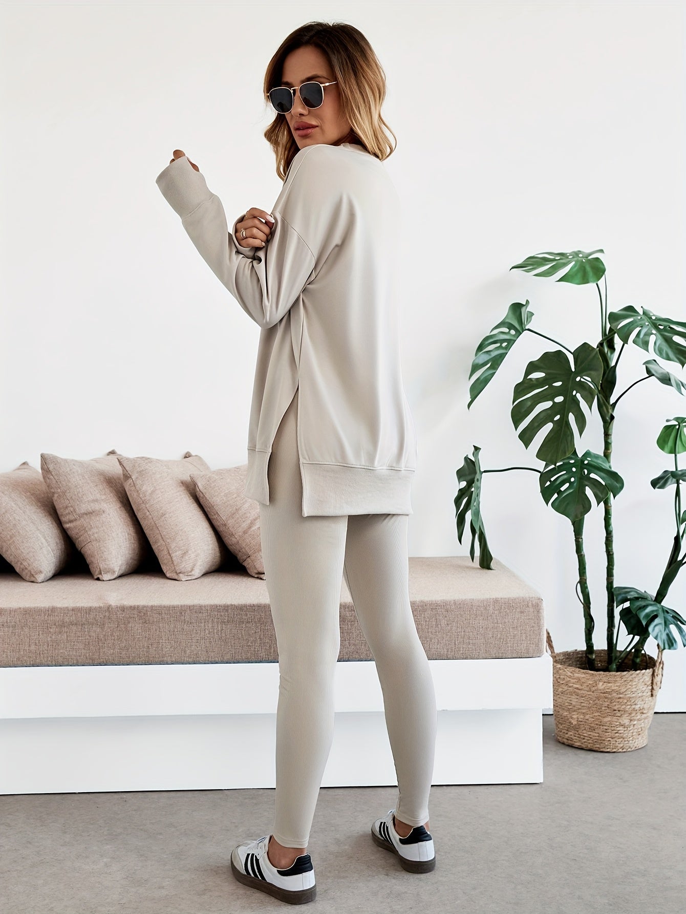 Set – Lange Top met Zijsplitten & Aansluitende Legging - Glamorix