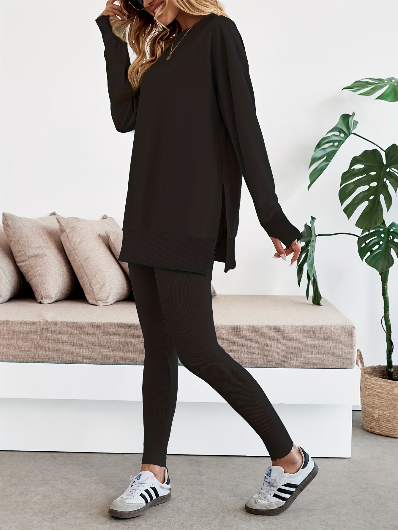 Set – Lange Top met Zijsplitten & Aansluitende Legging - Glamorix