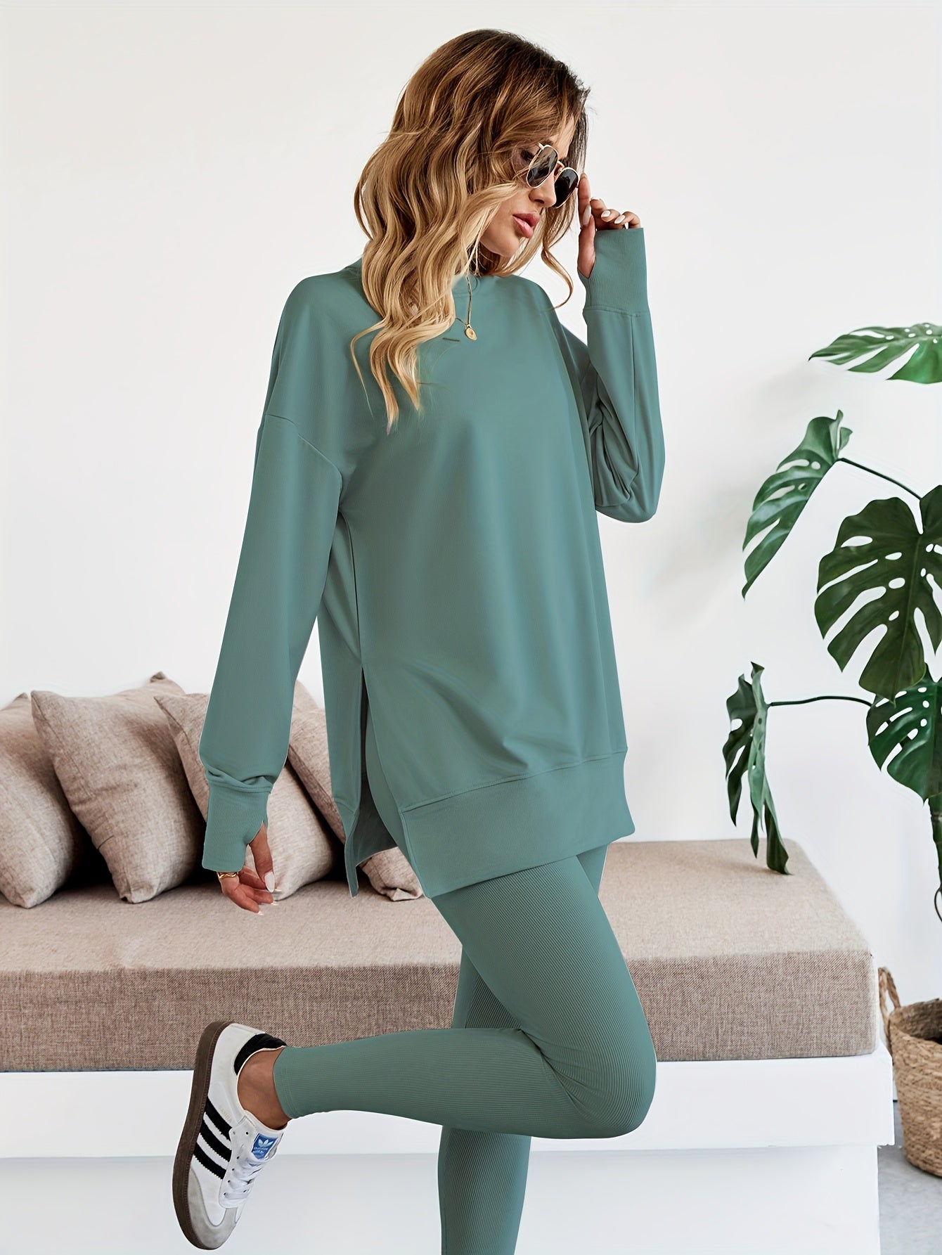 Set – Lange Top met Zijsplitten & Aansluitende Legging - Glamorix