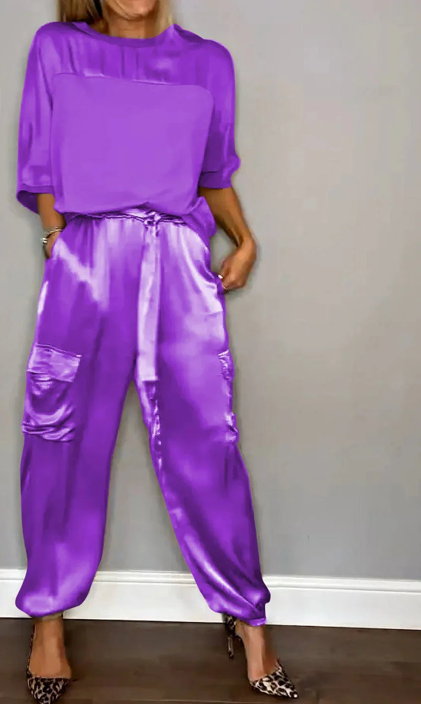 Satijnen dames set met losse top en cargo broek – LIA SHINE - Glamorix
