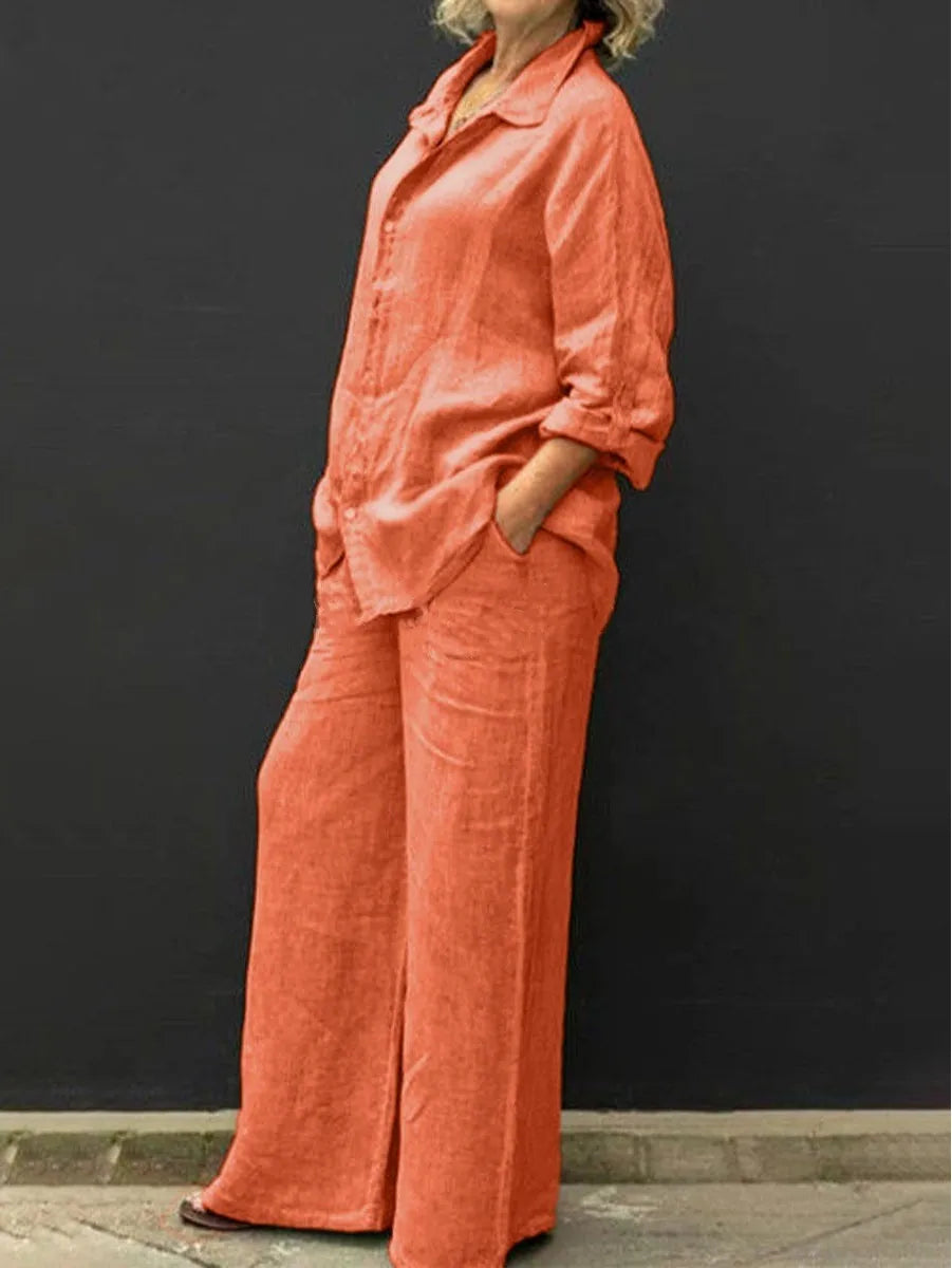 Luchtig damespak met doorknoopblouse en wijde broek – LYNA SET - Glamorix