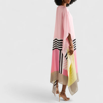 Vloeiende damesjurk met kaftan-snit en asymmetrische zoom – AYLA DRIFT - Glamorix