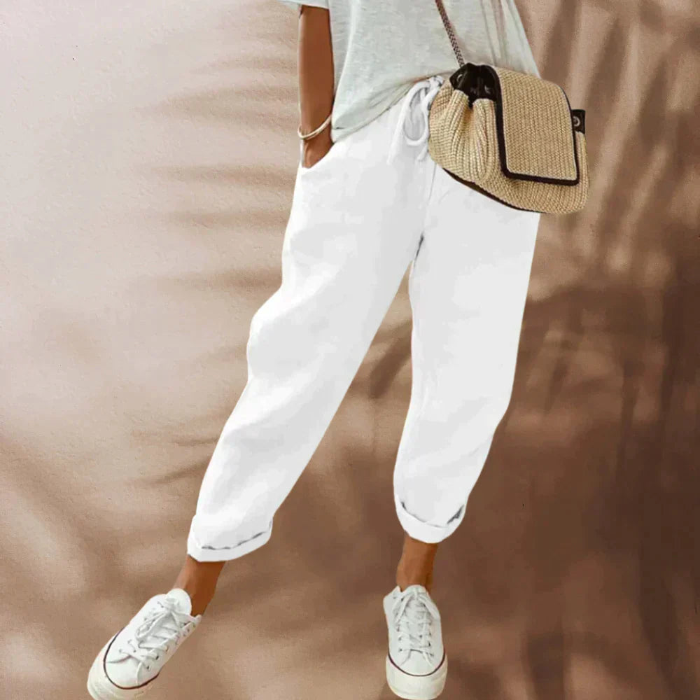 Liana - Casual linnen broek met koord voor dames - Glamorix