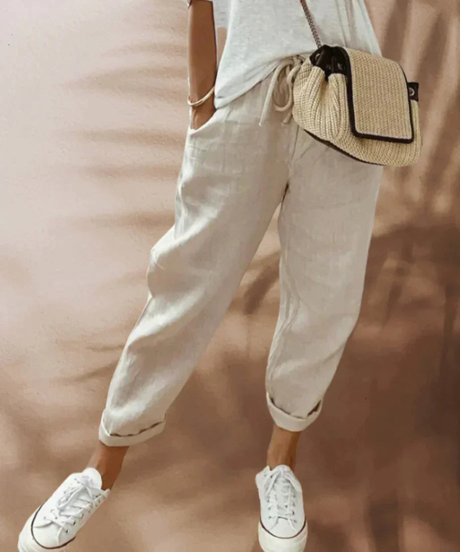 Liana - Casual linnen broek met koord voor dames - Glamorix