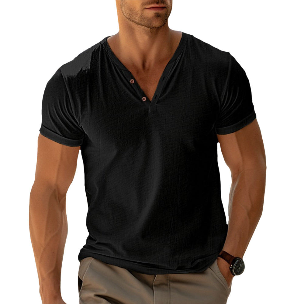 Modern heren T-shirt met V-hals en knoopdetail – DEXTON V-NECK - Glamorix