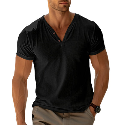 Modern heren T-shirt met V-hals en knoopdetail – DEXTON V-NECK - Glamorix