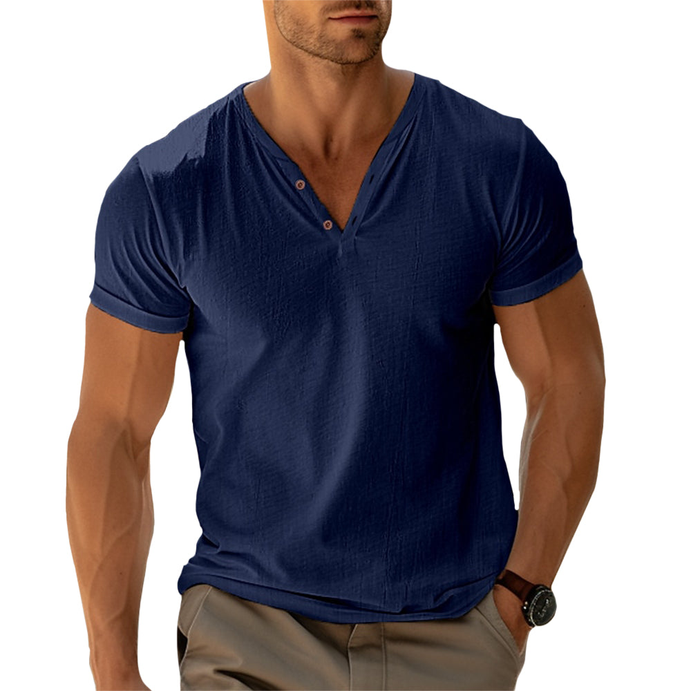 Modern heren T-shirt met V-hals en knoopdetail – DEXTON V-NECK - Glamorix