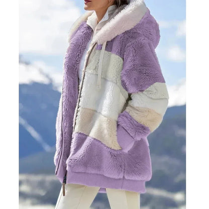 Speels teddy jas voor dames met capuchon en gestreept ontwerp en zacht warm gevoel – LUMERA - Glamorix