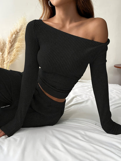 Tweedelige Set - Geribde Korte Top & Comfortabele Pasvorm - Glamorix