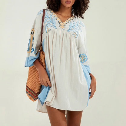 Dames tuniekjurk met V-hals en geborduurde details – ISLA BOHO - Glamorix