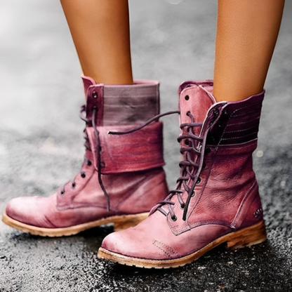 RENATA – Botas de cuero retro vintage con cordones para mujer - Glamorix