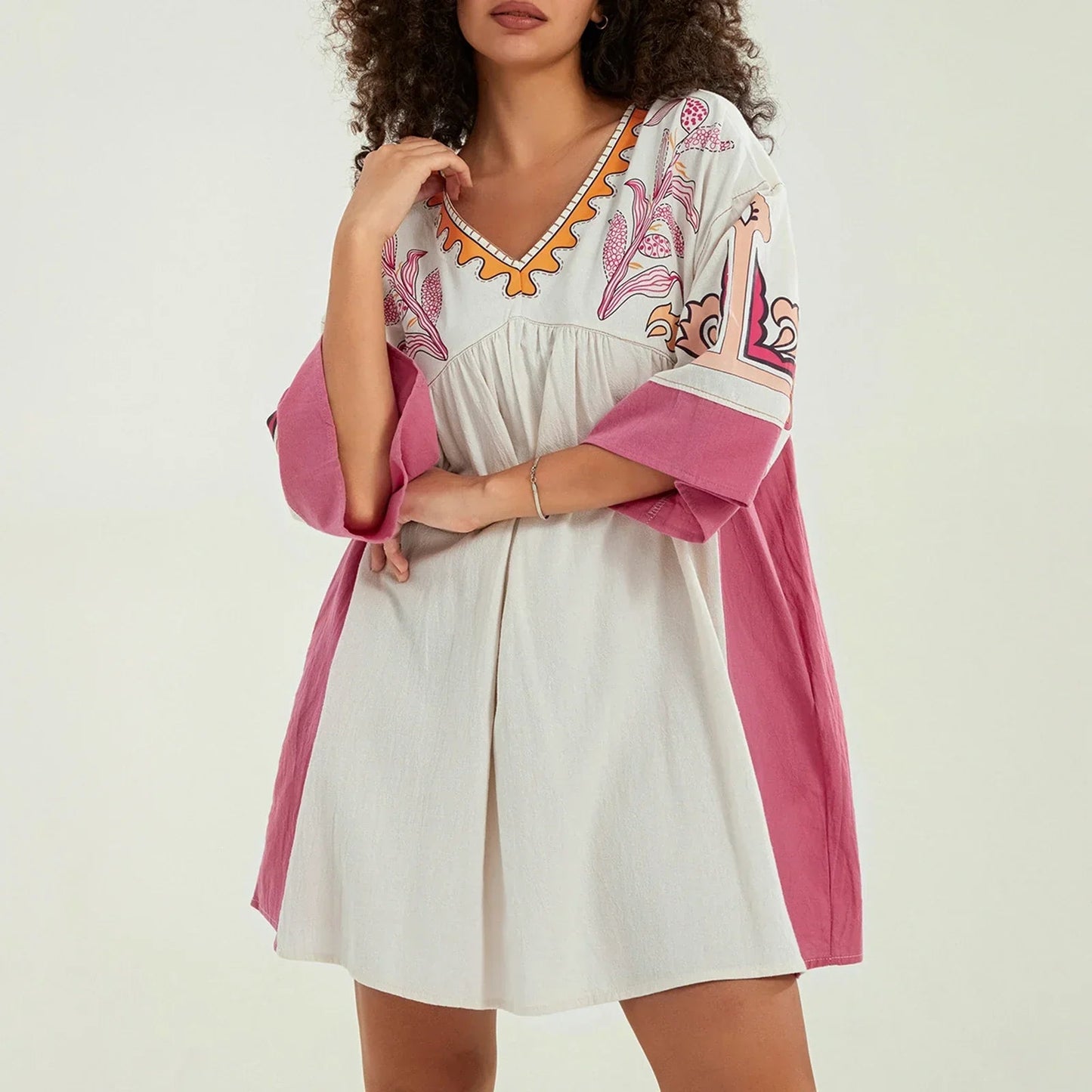Dames tuniekjurk met V-hals en geborduurde details – ISLA BOHO - Glamorix