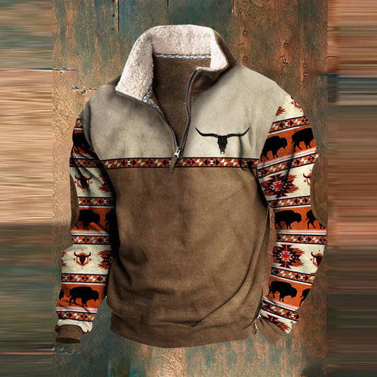 HUDSON - Fleece trui met kwart-ritssluiting en tribal print voor heren