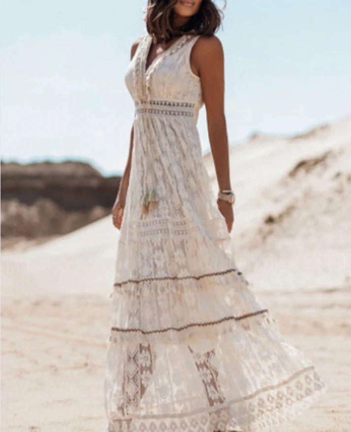Mouwloze maxi zomerjurk met boho details en luchtige pasvorm – LUNA BOHO - Glamorix