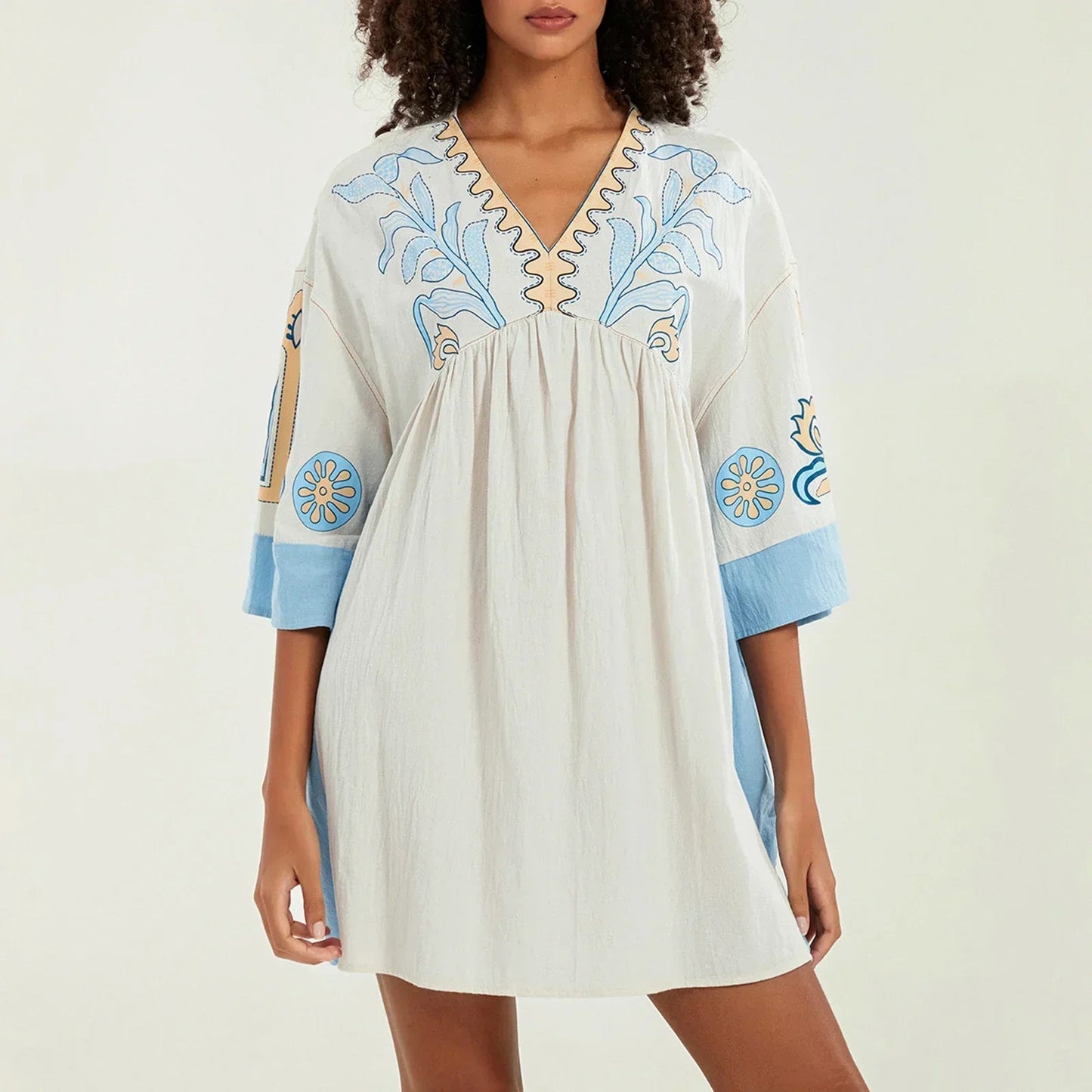 Dames tuniekjurk met V-hals en geborduurde details – ISLA BOHO - Glamorix