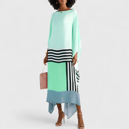 Vloeiende damesjurk met kaftan-snit en asymmetrische zoom – AYLA DRIFT - Glamorix