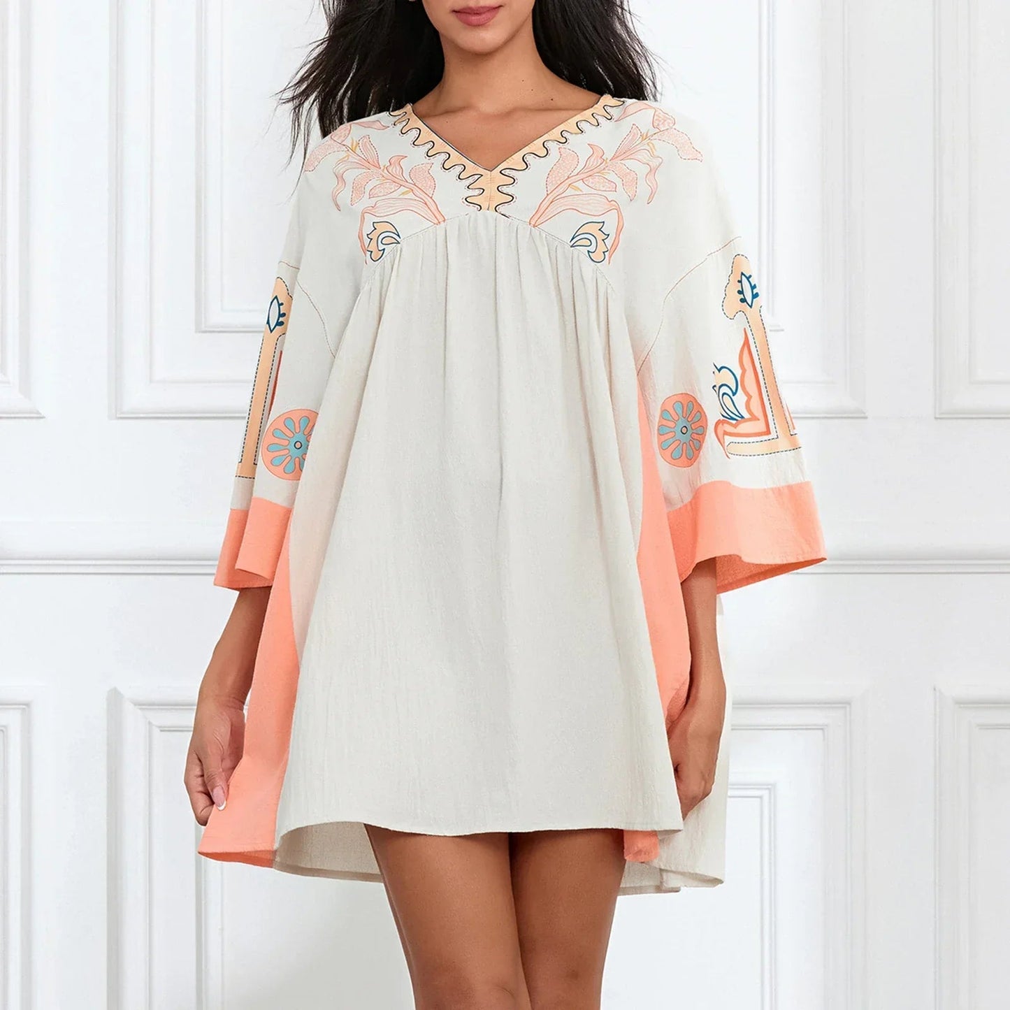 Dames tuniekjurk met V-hals en geborduurde details – ISLA BOHO - Glamorix