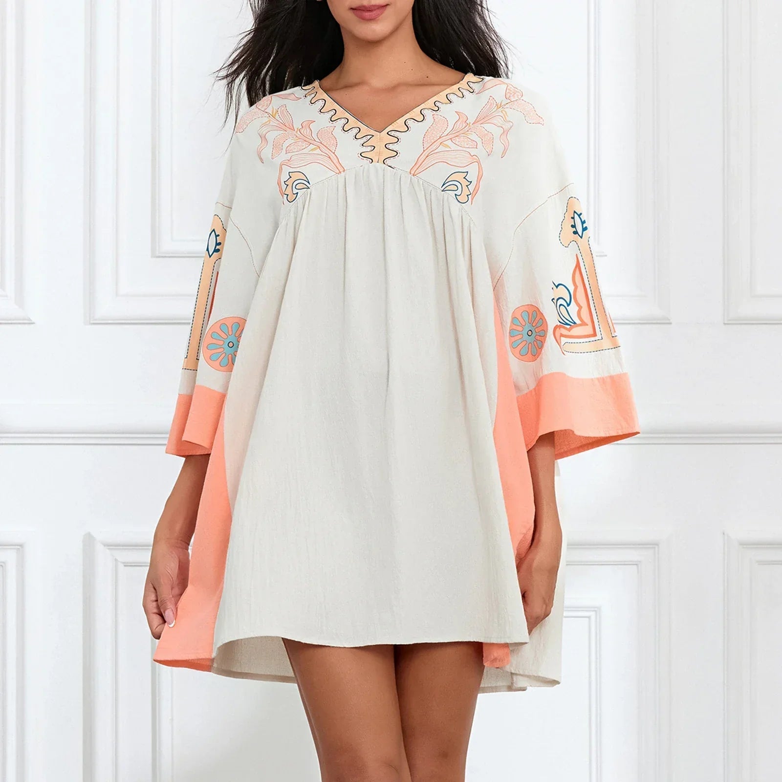 Dames tuniekjurk met V-hals en geborduurde details – ISLA BOHO - Glamorix