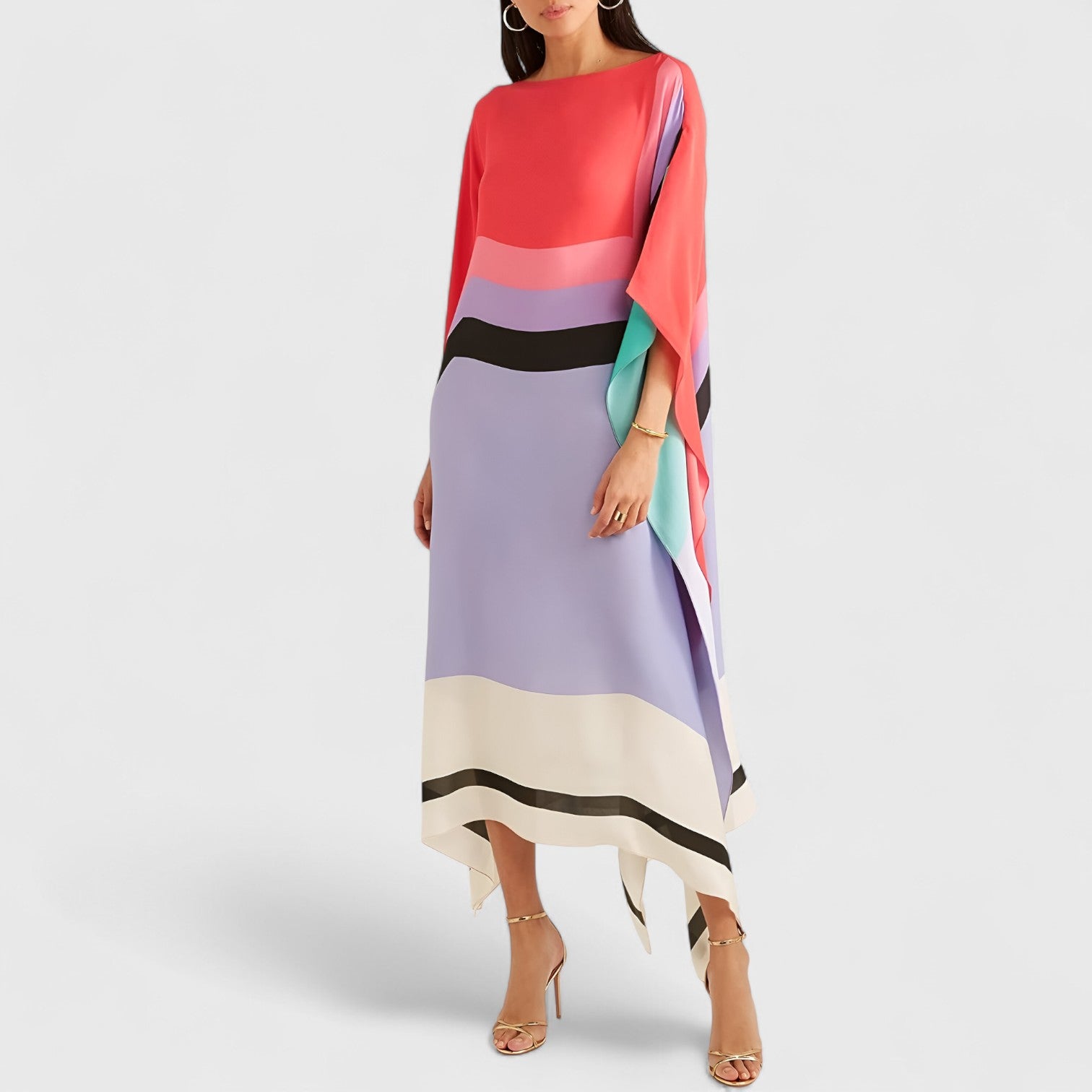 Vloeiende damesjurk met kaftan-snit en asymmetrische zoom – AYLA DRIFT - Glamorix