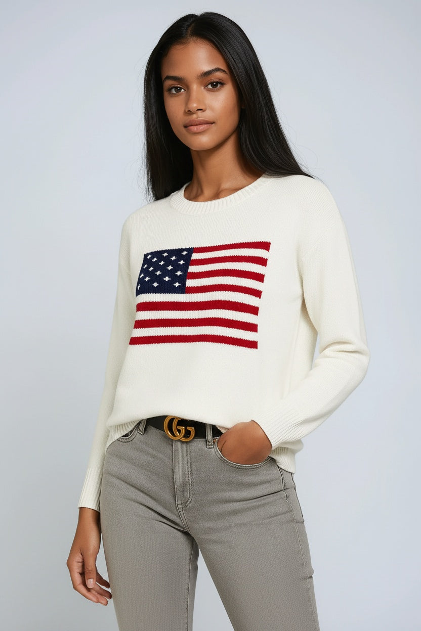 Ellis trui voor dames met gebreid ontwerp en opvallende amerikaanse vlag op de voorkant – VANGUARD - Glamorix