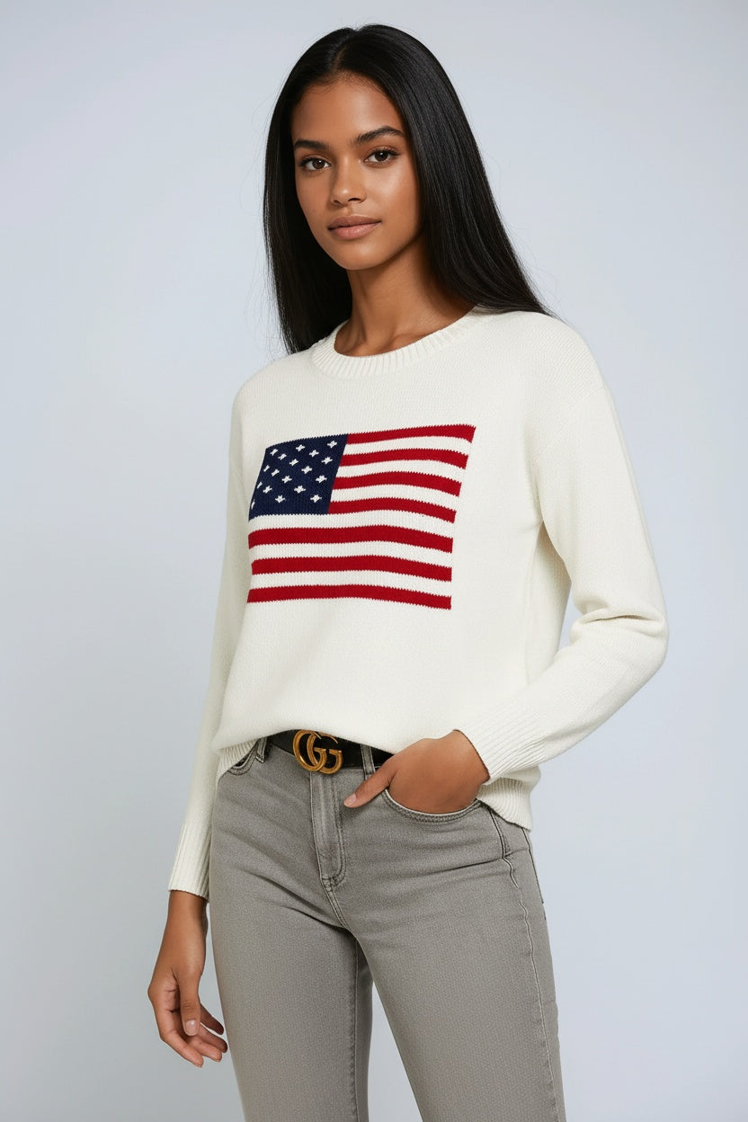 Ellis trui voor dames met gebreid ontwerp en opvallende amerikaanse vlag op de voorkant – VANGUARD - Glamorix
