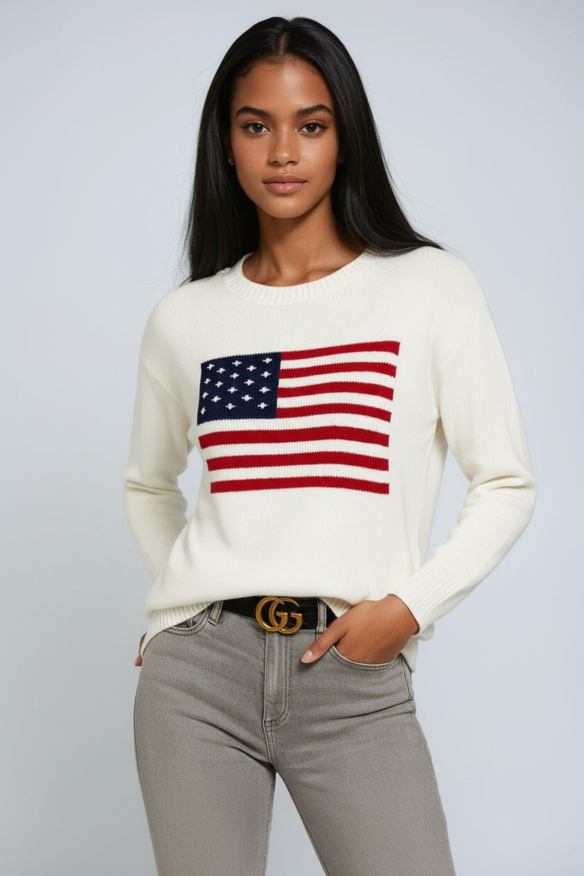 Ellis trui voor dames met gebreid ontwerp en opvallende amerikaanse vlag op de voorkant – VANGUARD - Glamorix