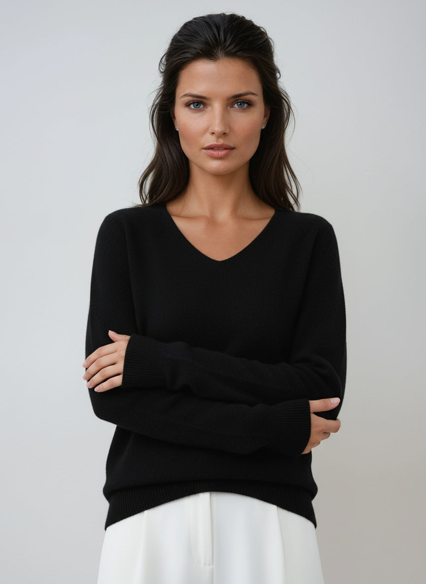 Trui voor dames met v-hals en lange mouwen van verfijnde knit met tijdloze stijl en zachte stof – AURIA - Glamorix