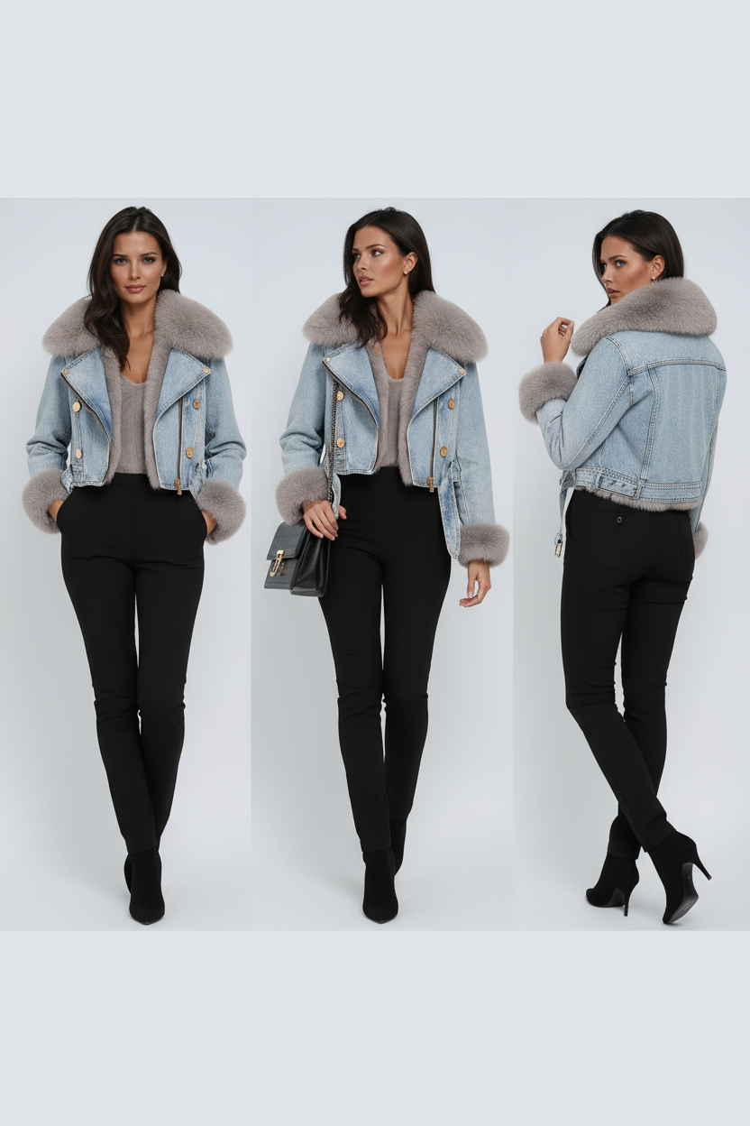 Iconisch denim met luxueuze bontkraag voor dames deze winterjas combineert stoer karakter met warm comfort – VESTARA - Glamorix