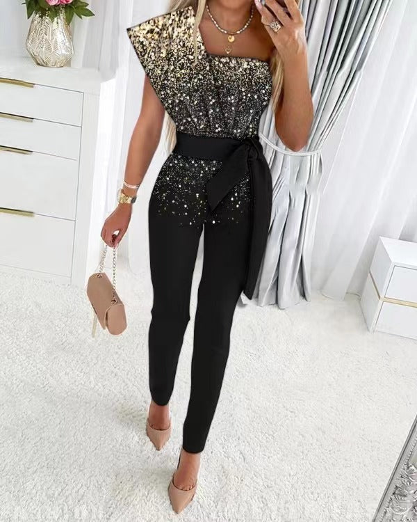 Glamoureuze glitter jumpsuit met asymmetrische schouder – LunariaGlam - Glamorix
