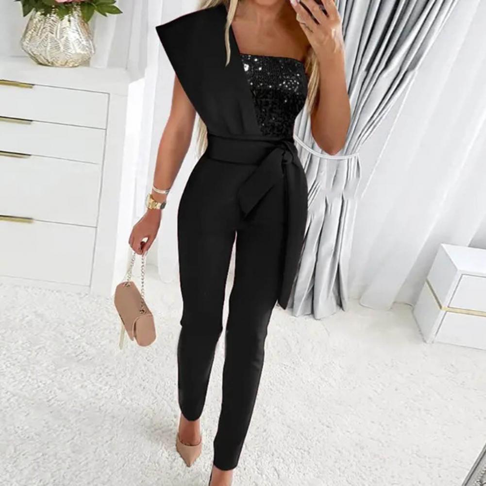 Glamoureuze glitter jumpsuit met asymmetrische schouder – LunariaGlam - Glamorix