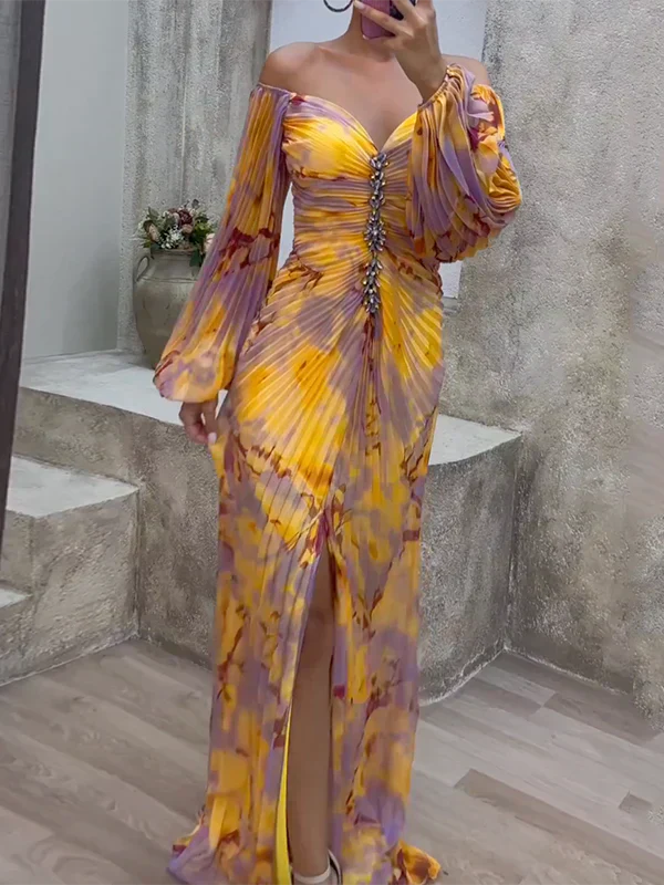 Luchtige off-shoulder maxi jurk met ballonmouwen – VELVETA - Glamorix