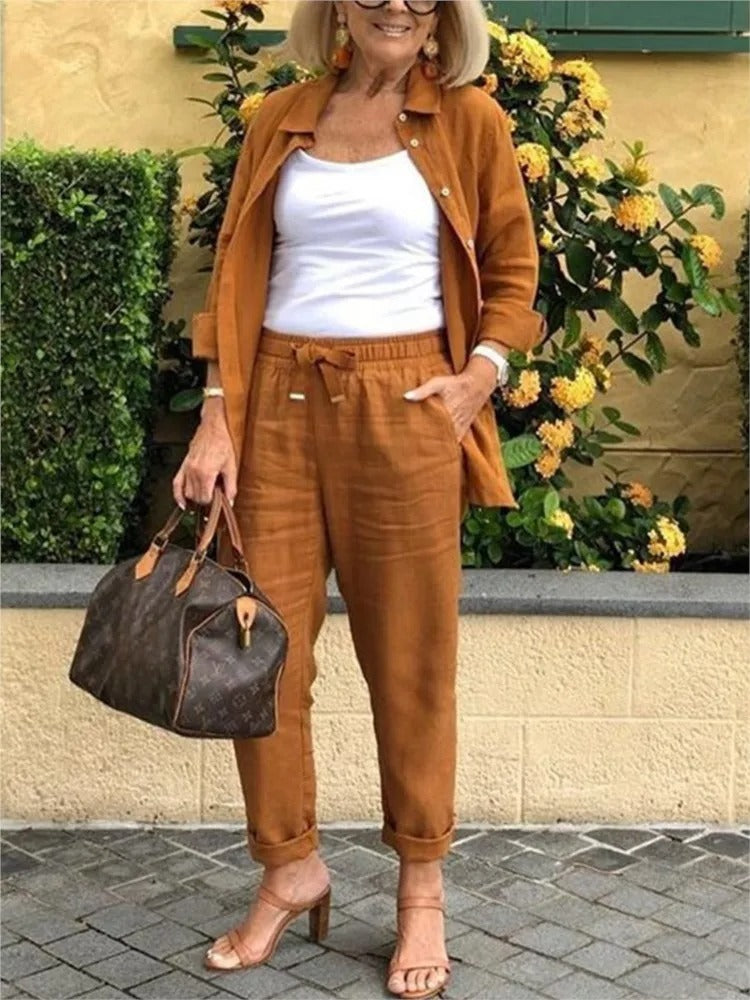 Linnen dames zomer set met korte mouwen en shorts – ZAYLA LINNEN - Glamorix