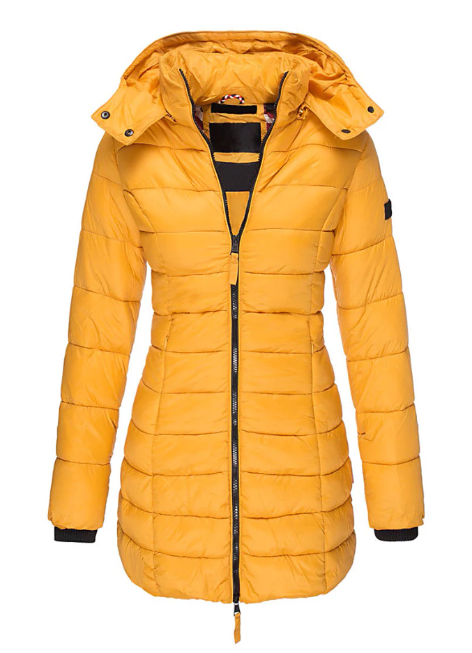 Aria - Abrigo acolchado de invierno con capucha de largo medio entallada para mujer - Glamorix