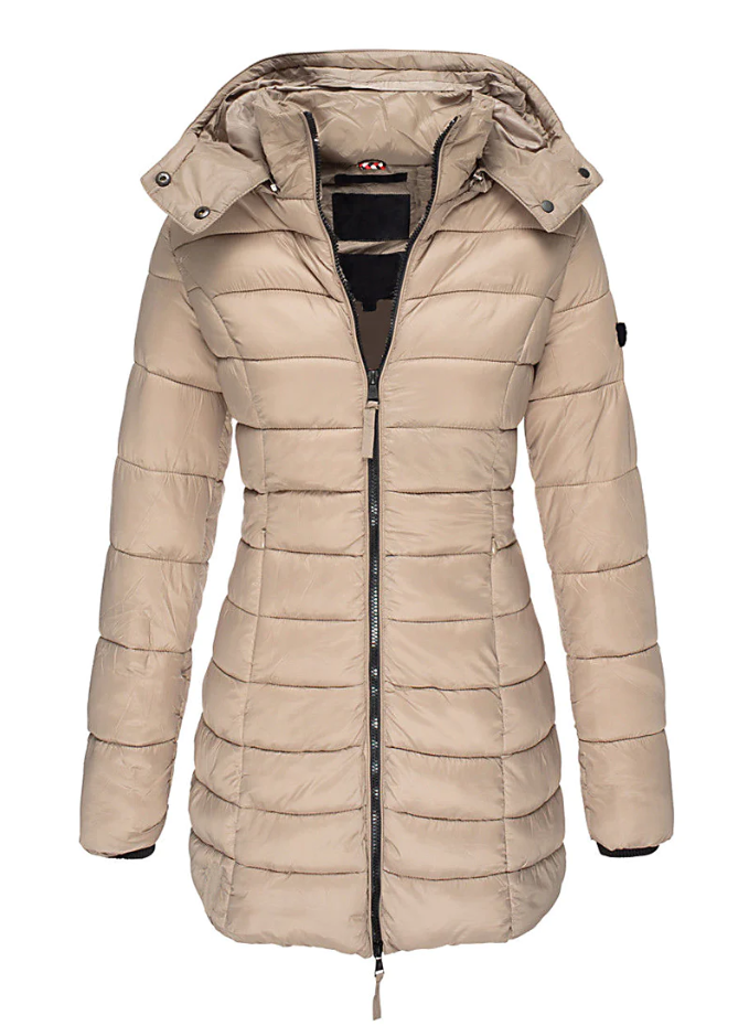 Aria - Abrigo acolchado de invierno con capucha de largo medio entallada para mujer - Glamorix