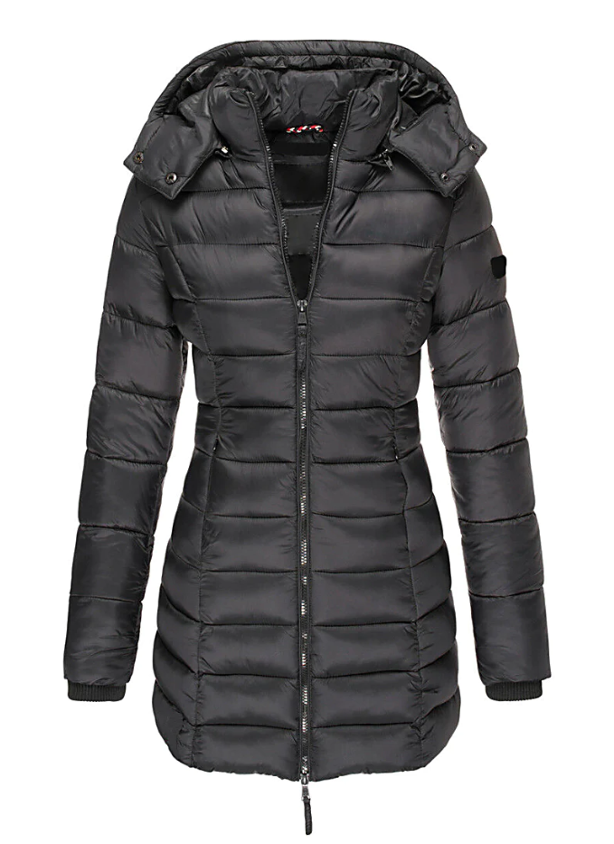 Aria - Abrigo acolchado de invierno con capucha de largo medio entallada para mujer - Glamorix