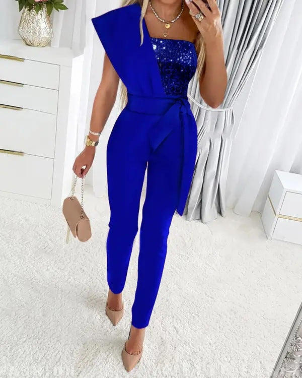 Glamoureuze glitter jumpsuit met asymmetrische schouder – LunariaGlam - Glamorix