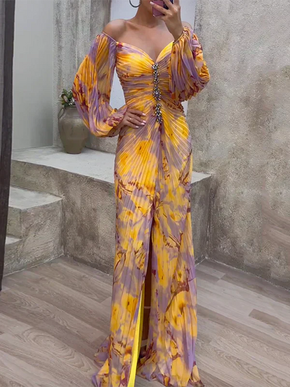 Luchtige off-shoulder maxi jurk met ballonmouwen – VELVETA - Glamorix