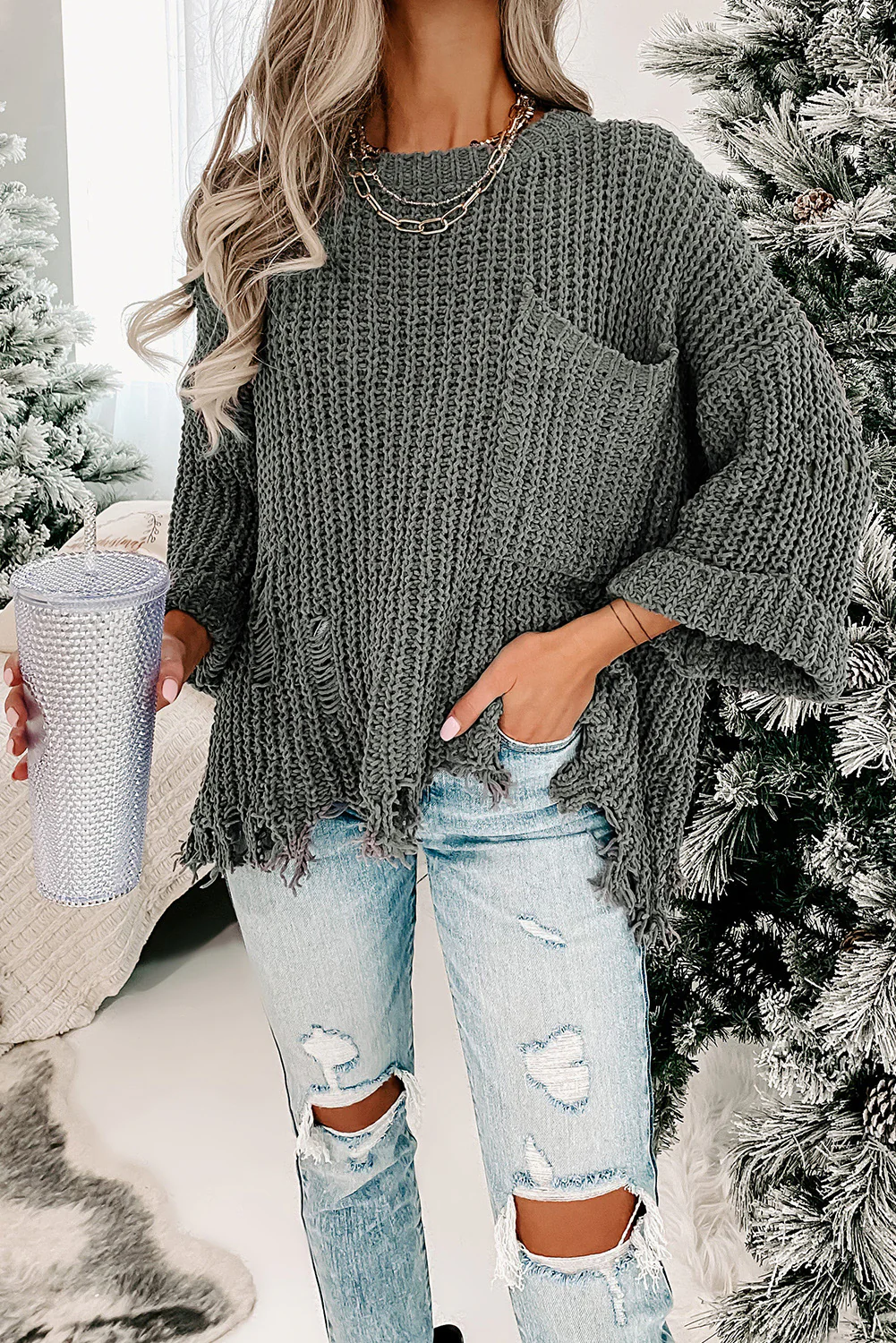RAWCOZY - Grijze Grofgebreide Pullover met Ongefinishte Zoom