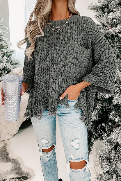 RAWCOZY - Grijze Grofgebreide Pullover met Ongefinishte Zoom