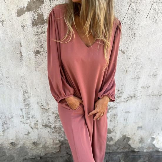 Odile - Losvallende maxi jurk met v-hals en ballonmouwen - Glamorix