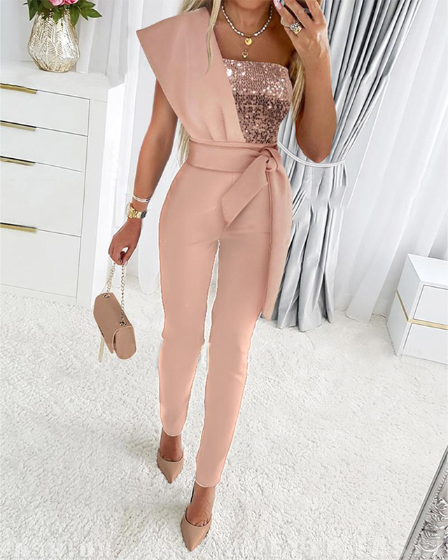 Glamoureuze glitter jumpsuit met asymmetrische schouder – LunariaGlam - Glamorix